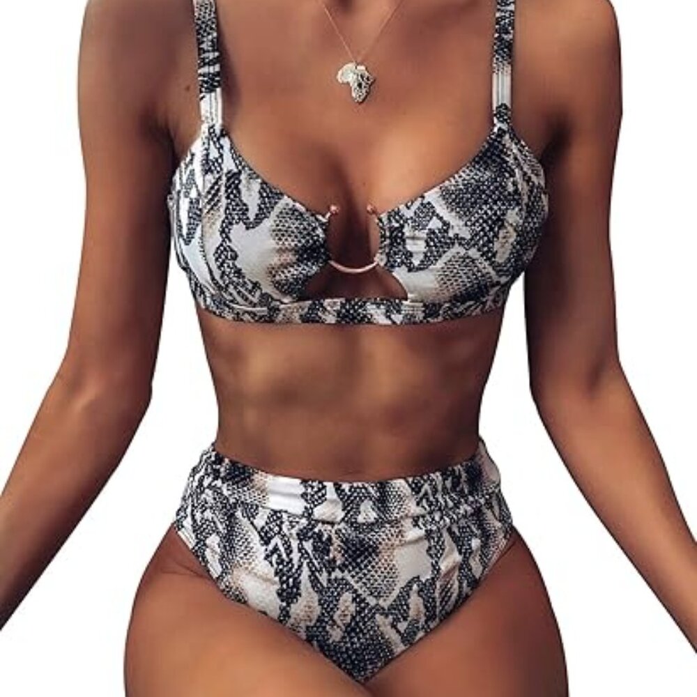 Amazon EJsoyo Sexy Snakeskin Print High Waisted Ring Cheeky Bikini Size Small
